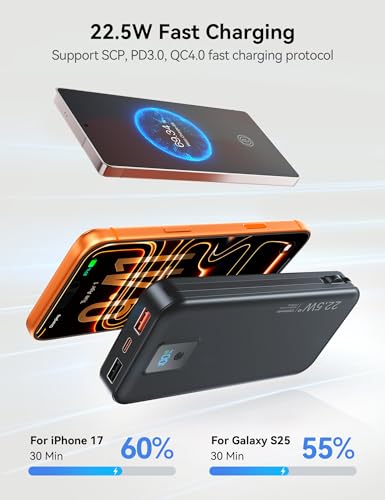 Portable Charger 12000mAh 22.5W w/Built-in Cable & Wall Plug Black - color: Black