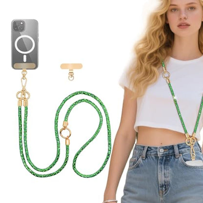 Crystal Phone Lanyard Crossbody Adjustable Rhinestone Anti-Theft Phone Strap Crossbody Cell Phone Neck Strap for Women - color: Green