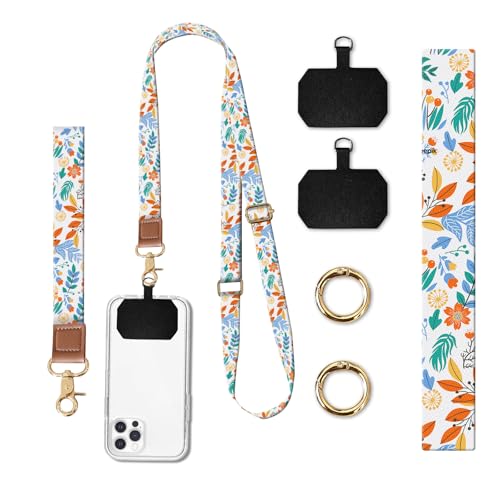Phone Lanyard Crossbody Wrist Strap, Universal Adjustable Neck Strap for Phone Case Keys ID Badges - color: White Boho Flowers