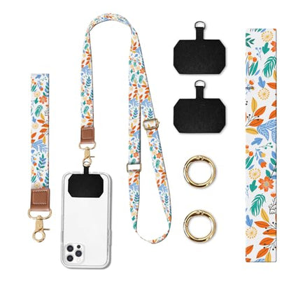 Phone Lanyard Crossbody Wrist Strap, Universal Adjustable Neck Strap for Phone Case Keys ID Badges - color: White Boho Flowers
