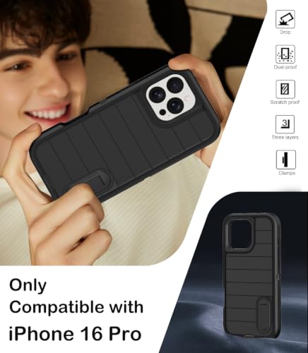 for iPhone 16 Pro Case with Screen Protector,Built-in Invisible Kickstand,Heavy Duty Shockproof Drop Protection Military Grade Tri-Layer Rugged Durable Cell Phone Cover for Apple 16 Pro 6.3" (Black - color: Black