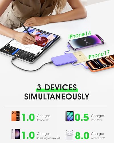 TG90° 5000mah Ultra Slim Power Bank Built-in AC Plug & 2 Cables,2 Pack White & Purple - color: 2Pack-White&Purple