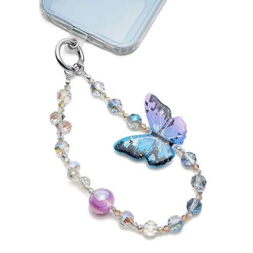 WOZEAH Phone Charm for Women, Beaded Wrist Strap Lanyard with Tether Tab – Anti-Theft Hands-Free Detachable Phone Chain Wristlet - color: Purple-blue Butterfly