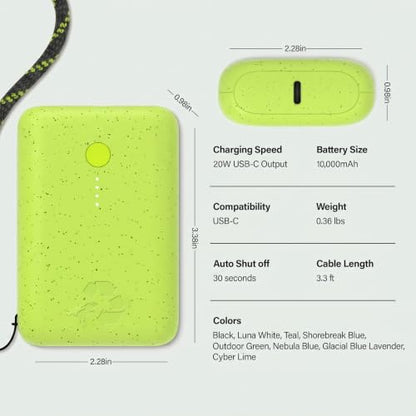 Nimble Champ Portable Charger, 10000mAh Power Bank, 20W Dual USB-C Charging - color: Cyber Lime