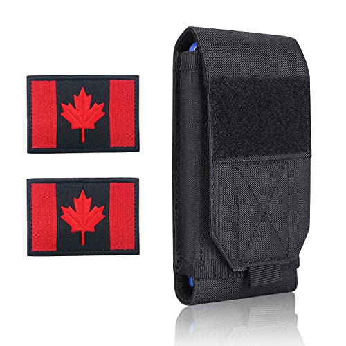 Black Tactical Molle Waterproof Cellphone Pouch Case,Heavy Duty Phone Holster Bag for iPhone 11 12 13 Pro Max Samsung S22 S21 S20 FE Note 20 A02S Less 6.7" Phone with 2 Pack Canada Flag Patch - color: Black & 2 Black/Red Patch