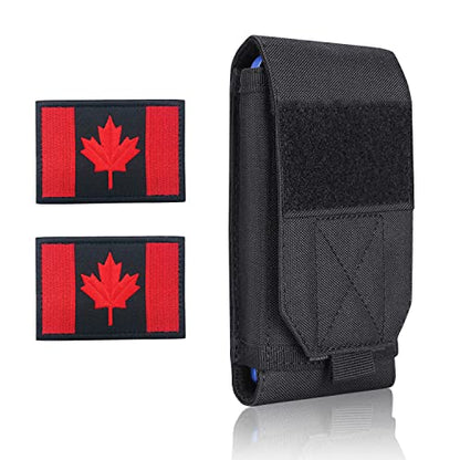 Black Tactical Molle Waterproof Cellphone Pouch Case,Heavy Duty Phone Holster Bag for iPhone 11 12 13 Pro Max Samsung S22 S21 S20 FE Note 20 A02S Less 6.7" Phone with 2 Pack Canada Flag Patch - color: Black & 2 Black/Red Patch