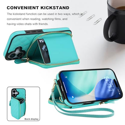 Bocasal Crossbody Wallet Case Card Holder for iPhone 17, Mint Green | RFID Blocking PU Leather Zipper Handbag Purse, Kickstand Flip Folio Case with Card Slots Holder Wrist Strap Lanyard 6.3 Inch - color: Green