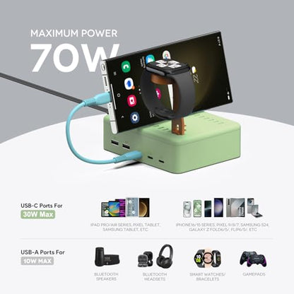 KFD Charging Station for Multiple Devices, 70W 5-Port USB C Fast Charger Stations for iPhone iPad Android Cell Phone Kindle Tablet, Multi-Device Organizer Docking Station, Multi Charger Organizer