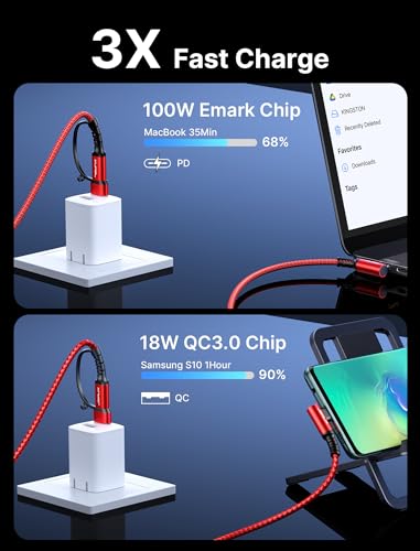 JSAUX 3-in-1 USB C Cable 2-Pack 10FT, 100W Right-Angle Fast Charging, Red - color: Red, size: 10FT