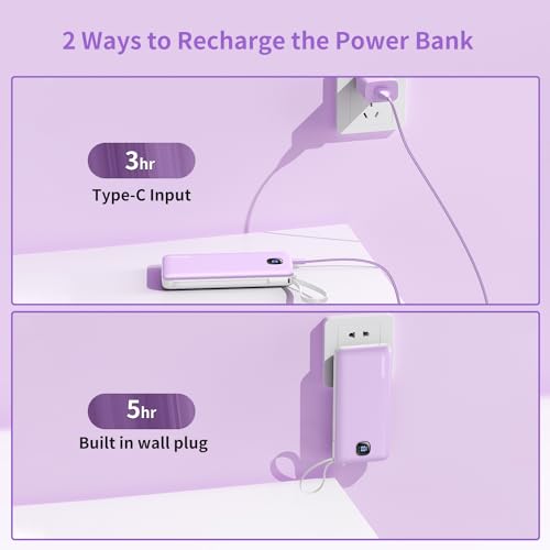 Portable Charger 10000mAh 22.5W Power Bank,Built-in 3 Cables & AC Wall Plug - color: Purple