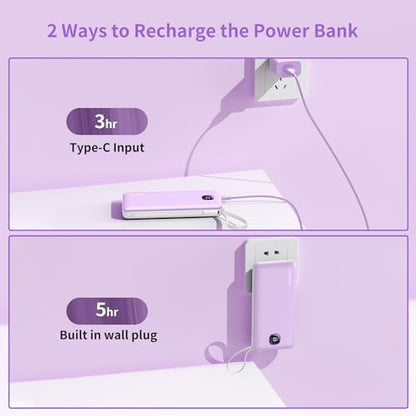 Portable Charger 10000mAh 22.5W Power Bank,Built-in 3 Cables & AC Wall Plug - color: Purple