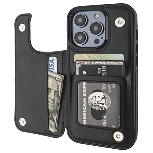 ONETOP for iPhone 14 Pro Wallet Case with Credit Card Holder,Black | Kickstand,ID/Cash Holder,Case Wallet with Card Slots,Double Magnetic Clasp,Durable PU Leather Shockproof Cover for Women Men - color: Black