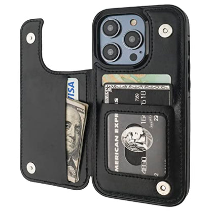 ONETOP for iPhone 14 Pro Wallet Case with Credit Card Holder,Black | Kickstand,ID/Cash Holder,Case Wallet with Card Slots,Double Magnetic Clasp,Durable PU Leather Shockproof Cover for Women Men - color: Black