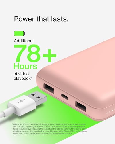 Belkin 20000mAh 15W 3 Port Power Bank, USB A to USB C Cable Included - color: Rose Gold
