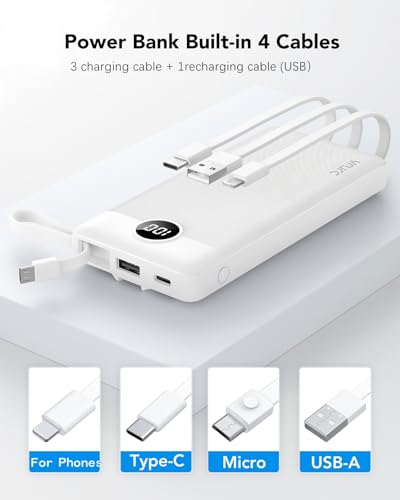 VRURC Portable Charger, Slim Power Bank Built-in 4 Cables, Travel Essential - color: White