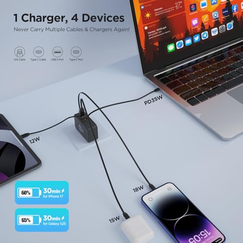 4-in-1 Retractable Wall Charger,35W Ultra-Compact Travel Charger - color: Black