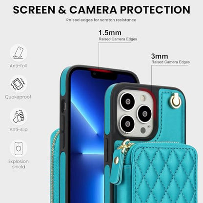 Phone Case for iPhone 14 Pro 6.1 inch Wallet Cell Cover with Tempered Glass Screen Protector Wrist Crossbody Strap RFID Blocking Card Holder iPhone14Pro 5G i i-Phone i14 iPhone14 4 14Pro Women Green - color: Green