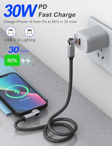 90 Degree USB C to Lightning Cable with 180°Swivel Connector 6.6FT [MFi,3A,Carplay,Data] Rotating iPhone Charger Fast Charging Right Angle Lightning Cable for Apple Carplay iPhone 14 13 12 11 X iPad