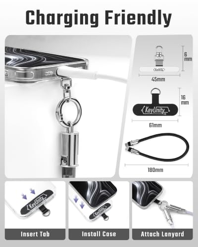 KeyUnity Phone Lanyard with USB C Charging Cable 2 in 1 Braided Strap Wrist and Crossbody Lanyard Universal Phone Strap - color: Black, size: 18cm