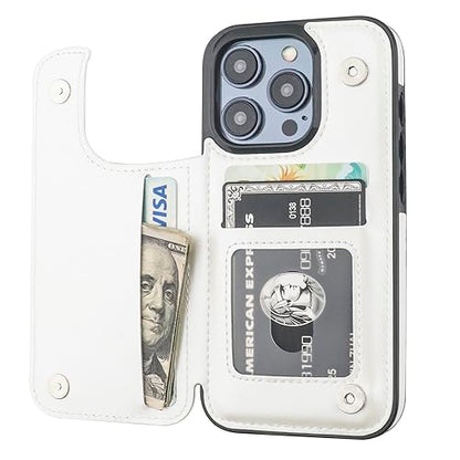 ONETOP for iPhone 15 Pro Wallet Case with Credit Card Holder,White | Kickstand,ID/Cash Holder,Case Wallet with Card Slots,Double Magnetic Clasp,Durable PU Leather Shockproof Cover for Women Men - color: White