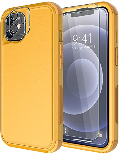 Diverbox for iPhone 12 case [Shockproof] [Dropproof] [Tempered Glass Screen Protector + Camera Lens Protector],Heavy Duty Protection Phone Case Cover for Apple iPhone 12 (Yellow) - color: Yellow-3in1