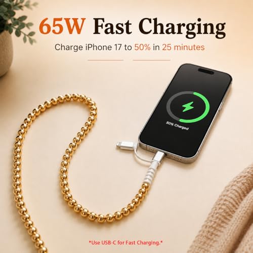IIIZ 4-in-1 Beaded Charger 65W USB C Carplay Cable for iPhone/iPad/Galaxy - color: Gold-Plated