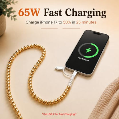 IIIZ 4-in-1 Beaded Charger 65W USB C Carplay Cable for iPhone/iPad/Galaxy - color: Gold-Plated