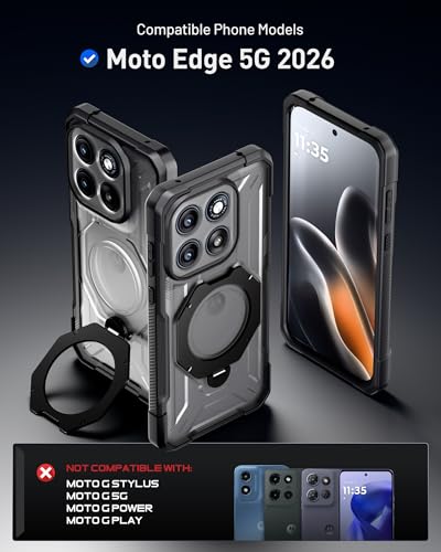 Poetic Rugged Case for Motorola Moto Edge 5G 2026, 360° Magnetic Ring Kickstand, Tempered Glass Screen Protector, Military Grade Shockproof, Wireless Charging Compatible Protective Cover, Black/Clear