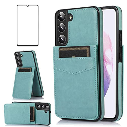 Asuwish Phone Case for Samsung Galaxy S22 5G with Tempered Glass Screen Protector and Credit Card Holder Wallet Cover Stand Leather Cell Accessories Glaxay S 22 G5 Cases Women Men Green - color: Green