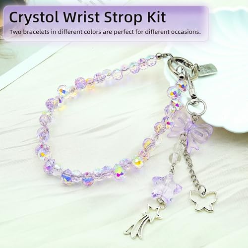 Crystal Beaded Phone Wrist Strap, Cute Cellphone Lanyard Chain, Bow Keychain Wristlet Bag Charms for Women - color: Purple