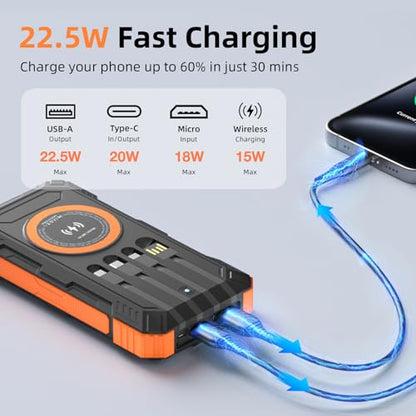 Solar Charger Power Bank 49800mAh Wireless Portable Phone Charger, 22.5W QC3.0 Fast Charging Built in 4 Cables with USB C 6 Outputs & 2 Inputs for All Cell Phone - color: Orange