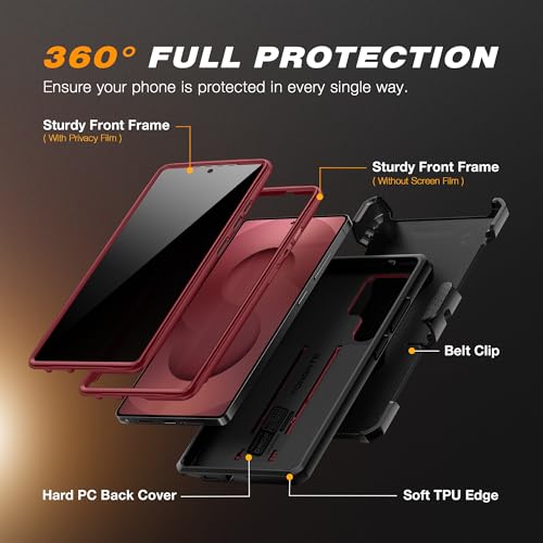 TONGATE for Samsung Galaxy S24 Ultra Case, 2 Front Frames & Stand, Maroon | Built-in Slide Camera Cover & Screen Protector, Military Grade Shockproof S24 Ultra Phone Case with Kickstand & Belt-Clip - color: Maroon