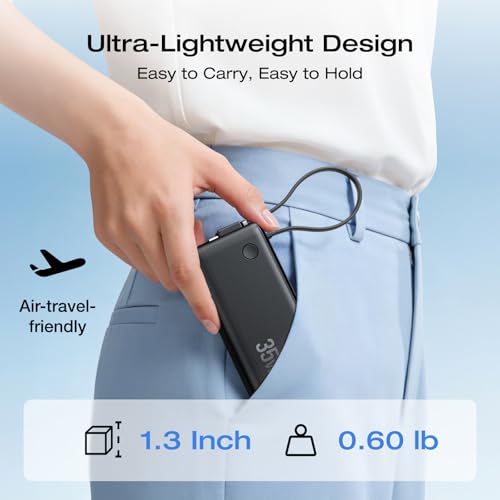 EF ECOFLOW Rapid 3-in-1 Portable Charger, 10,000mAh Power Bank with Built-in USB-C Cable and Foldable Wall Plug, 30W Max Battery Pack, Travel Essentials for iPhone 17/16/15 Series, Galaxy, MacBook