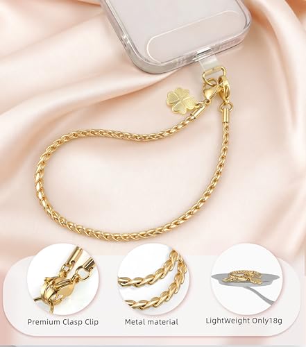 ROCONTRIP Metal Phone Lanyard with Gold Chain Detachable Phone Chain Wristlet with 2 Tether Tabs Universal iPhone Wrist Strap Premium Metal Buckles,Non-Rust,Unbreak iPhone Wristlet For Travel Shopping - color: Bright Gold