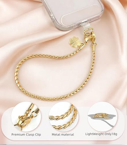 ROCONTRIP Metal Phone Lanyard with Gold Chain Detachable Phone Chain Wristlet with 2 Tether Tabs Universal iPhone Wrist Strap Premium Metal Buckles,Non-Rust,Unbreak iPhone Wristlet For Travel Shopping - color: Bright Gold