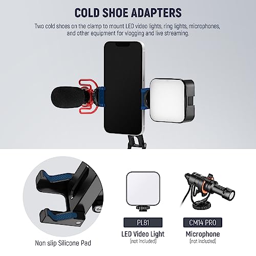 NEEWER Phone Tripod Mount with Cold Shoes, Metal Smartphone Tripod Adapter Compatible with iPhone, Multi Angle Tri Fold Cell Phone Holder, Handheld Phone Grip for Streaming Vlog SP-04