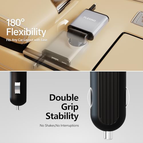 Flexino 【Ultra-Slim】 Retractable Car Charger for iPhone 17, Fast Charging Car Chargers, USB C Car Charger, Cigarette Lighter Adapter for iPhone 17/16/15/14/13/12 Series, Galaxy, Gray, 1 Pack