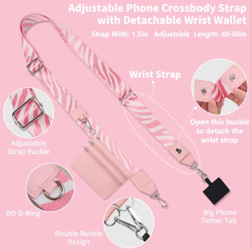 2pcs Clip and Go Strap for Phone with Wallet Crossbody Strap with Pouch - color: Pink+black