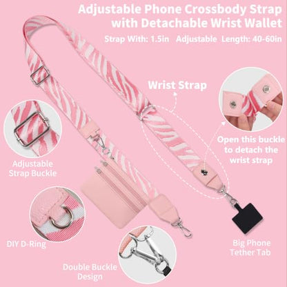 2pcs Clip and Go Strap for Phone with Wallet Crossbody Strap with Pouch - color: Pink+black