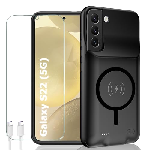 Battery Case for Galaxy S22,10000mAh Portable Protective Smart Wireless Charging Case Support Carplay Compatible with Galaxy S22(6.1 inches) Rechargeable Extended Battery Charger Case(Black) - size: Galaxy S22
