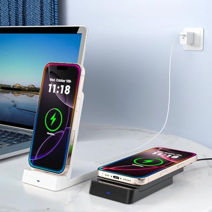 15W Double Coil Wireless Charger Foldable Phone Holder Stand for iPhone 17 16 15 14 13 12 Pro Max Samsung Xiaomi Fast Charging Station (White) - color: White