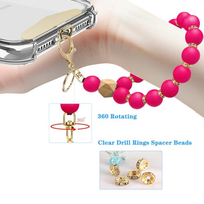 Silicone Beaded Phone Wrist Strap, Phone Bracelet Strap with Tether Tab Elastic Hands Free Wristlet Strap - color: Rose Red