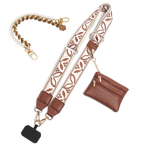 Phone Strap with Zippered Pouch, Clip and Go Strap for Phone with Wallet Crossbody, Adjustable Crossbody Phone Strap-1 - color: Leaves Brown