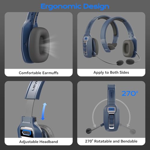 LEVN Bluetooth Headset with Microphone, Trucker Bluetooth Headset with AI Noise Cancelling & Mute Button, Wireless On-Ear Headphones 60 Hrs Working Time, for Trucker Home Office Remote Work Zoom - color: Blue
