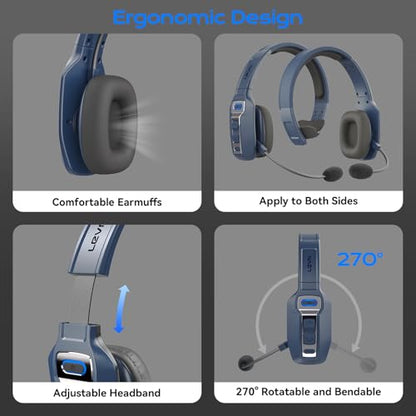 LEVN Bluetooth Headset with Microphone, Trucker Bluetooth Headset with AI Noise Cancelling & Mute Button, Wireless On-Ear Headphones 60 Hrs Working Time, for Trucker Home Office Remote Work Zoom - color: Blue