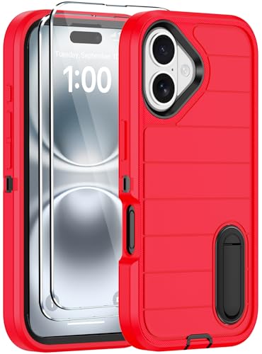 for iPhone 16 Case with Screen Protector, Heavy Duty Shockproof Drop Protection Military Grade Tri-Layer Full Covered Rugged Durable Cell Phone Cover with Built-in Invisible Kickstand 6.1“ (Red) - color: Red