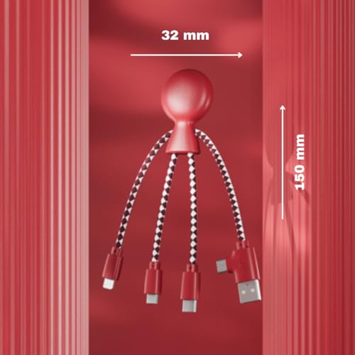 Xoopar Multi USB Cable 4 in 1 - Universal Charger Made from Recycled Plastic - USB, USB-C, Lighting, Micro USB Ports - Compatible with All Smartphones Mr Bio RED Octopus - color: Red