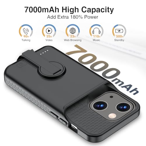 GIN FOXI Battery Case for iPhone 13/13 Pro/14/14 Pro Rechargeable Charging Case with Stand 7000mAh Ultra-Slim Anti-Fall Protection Extended Charger Cover for 14/14Pro/13/13 Pro 6.1" Black
