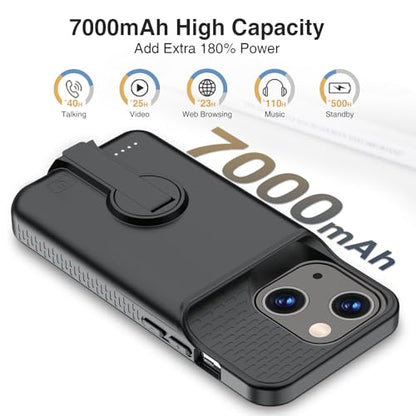 GIN FOXI Battery Case for iPhone 13/13 Pro/14/14 Pro Rechargeable Charging Case with Stand 7000mAh Ultra-Slim Anti-Fall Protection Extended Charger Cover for 14/14Pro/13/13 Pro 6.1" Black