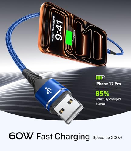 USB to USB C Cable Fast Charging 3FT, 2Pack USBA to USBC Cable for CarPlay - color: Blue, size: 3FT, style: 60W USB A to USB C